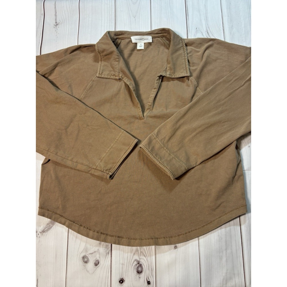 Women's Treasure & Bond Brown Collared Long Sleeve Crop Top Shirt Small